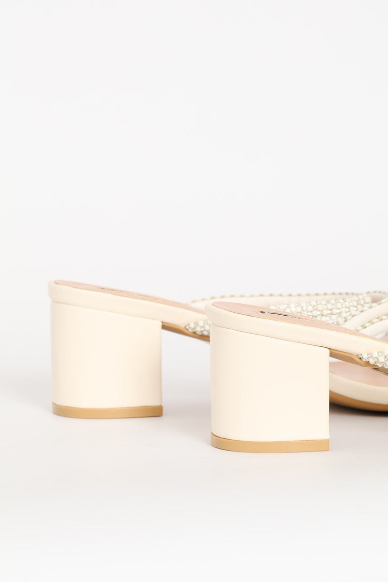 Diamante Strap Block Heel - White