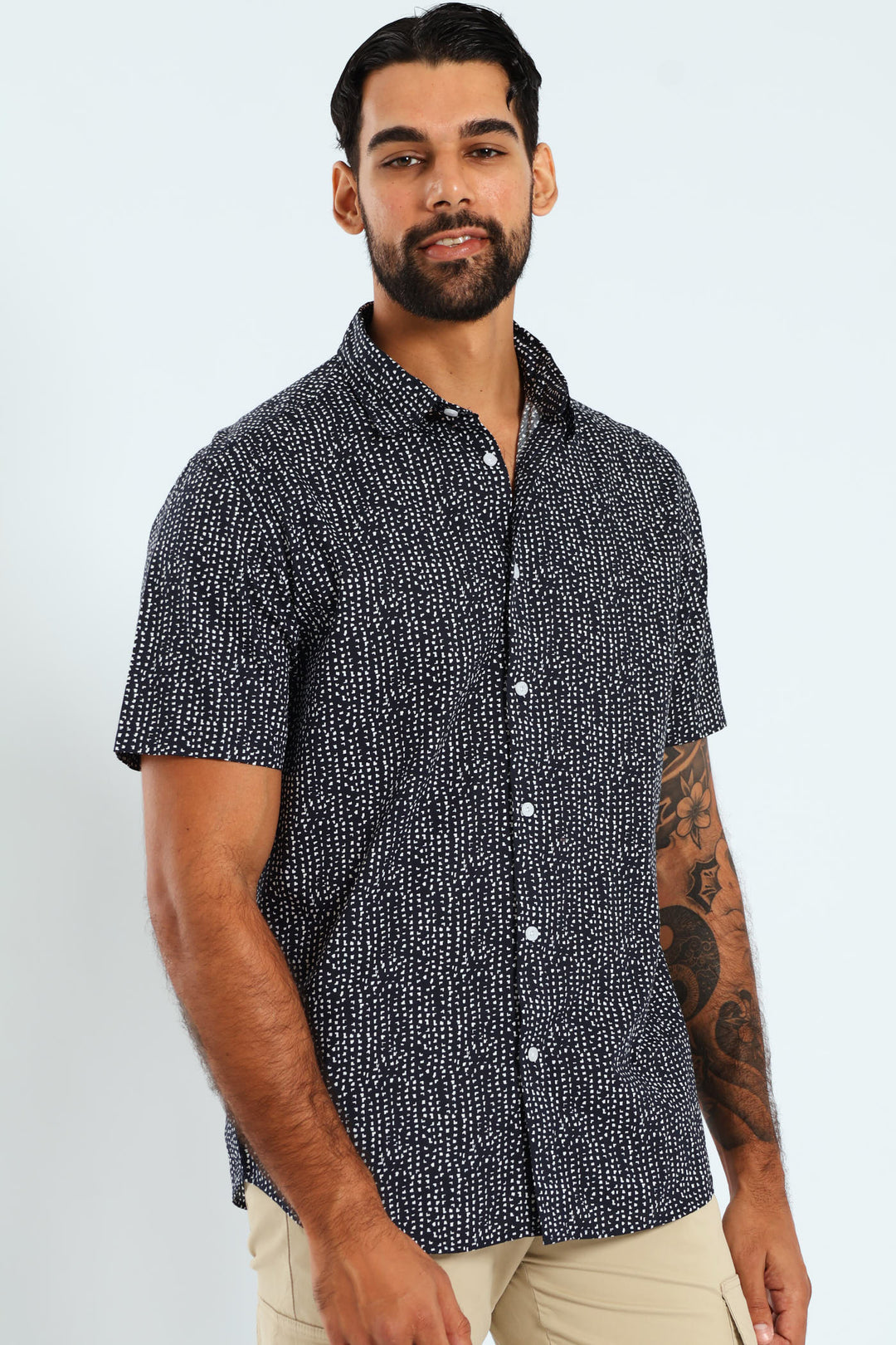 Short Sleeve Block Print Shirt - Navy