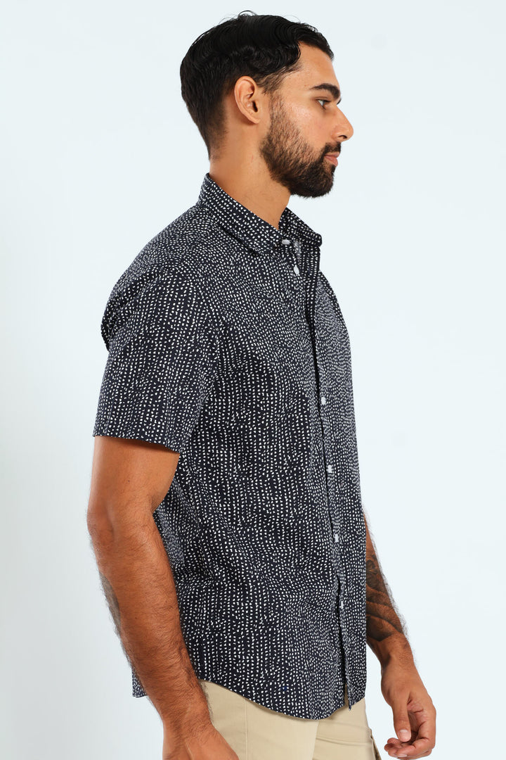 Short Sleeve Block Print Shirt - Navy