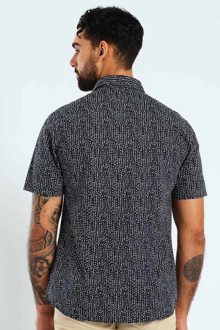 Short Sleeve Block Print Shirt - Navy