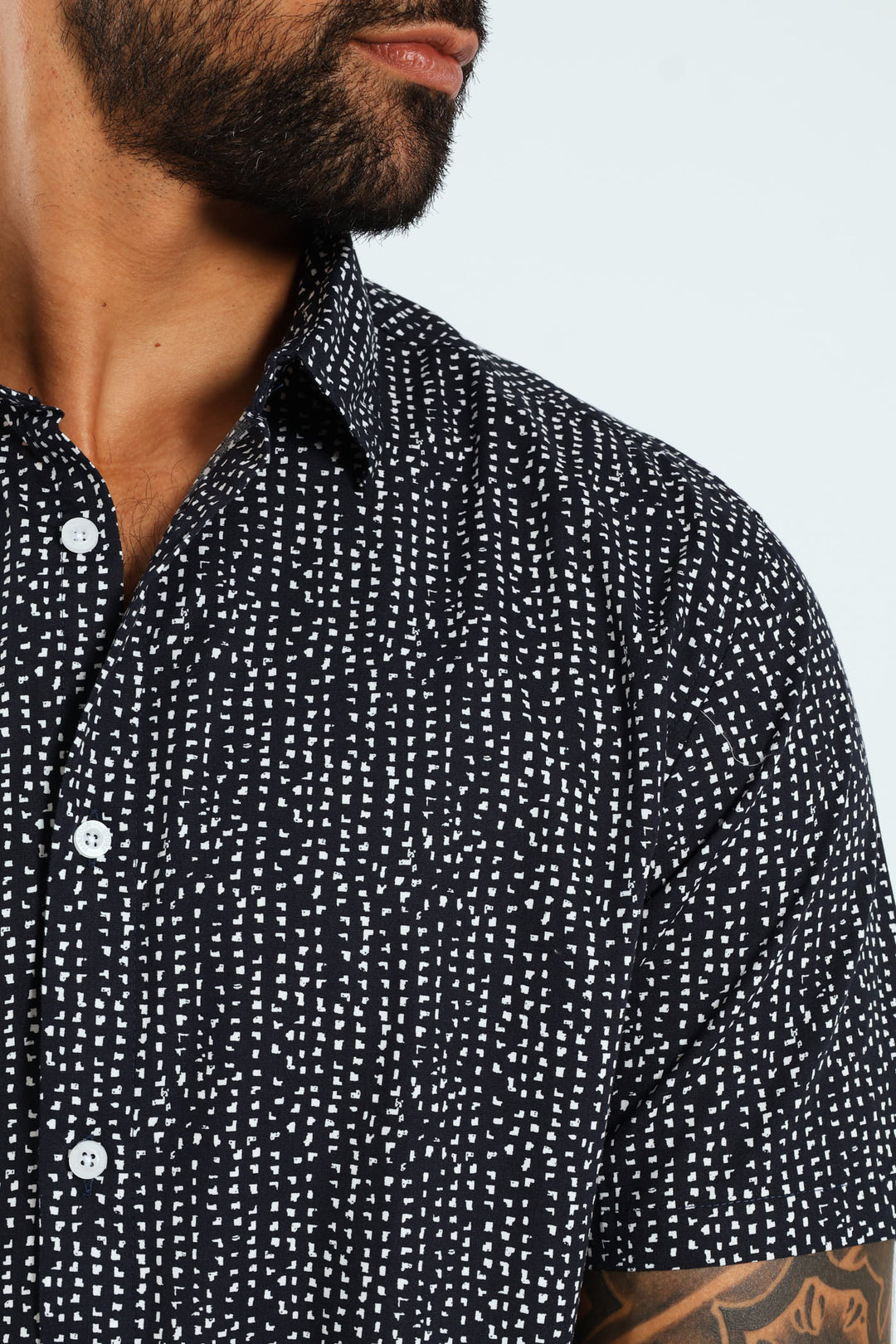 Short Sleeve Block Print Shirt - Navy