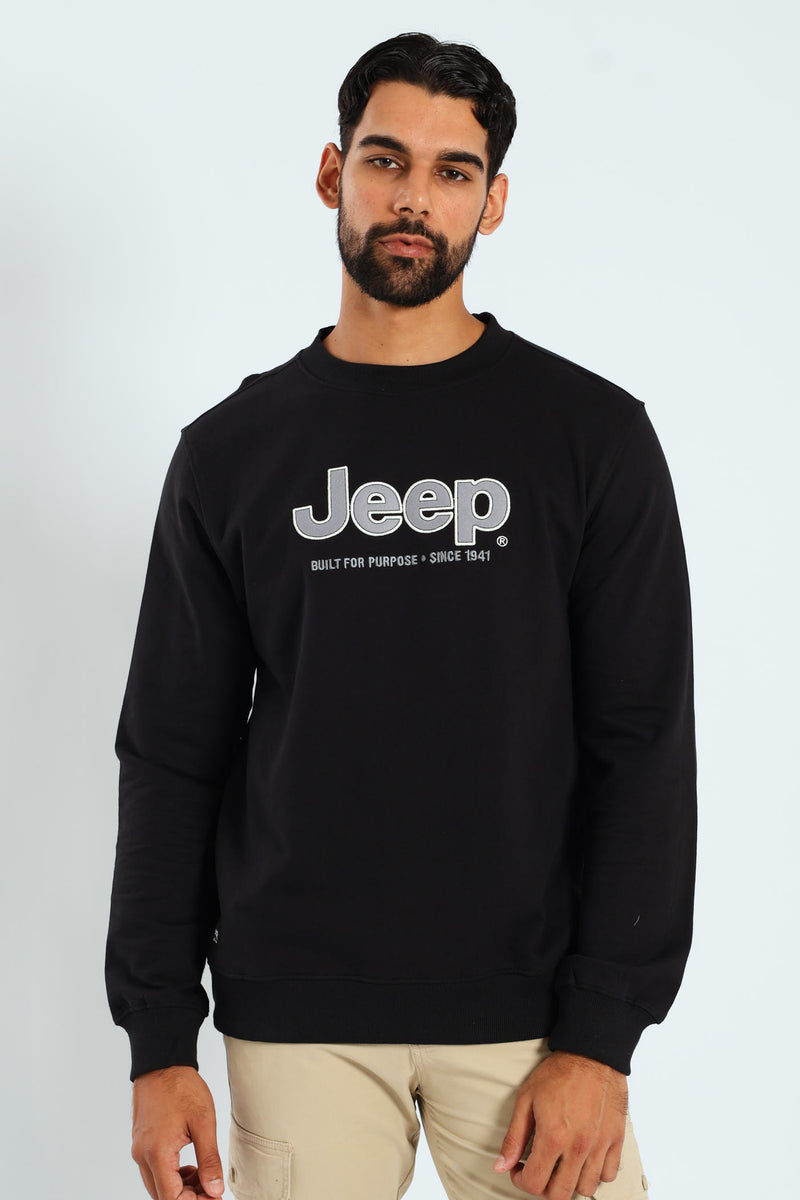 Crew Neck Letter Fleece Sweat Top - Black