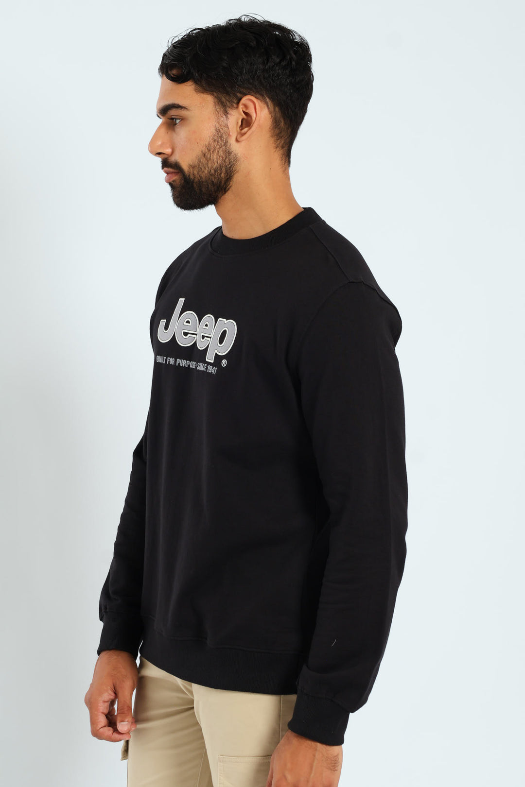 Crew Neck Letter Fleece Sweat Top - Black
