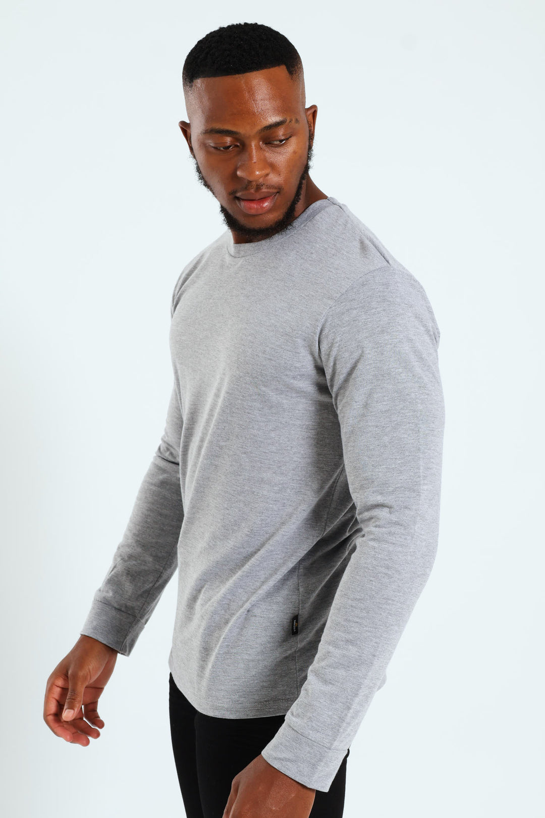Long Sleeve Basic Crew Cuff Tee - Grey Melange