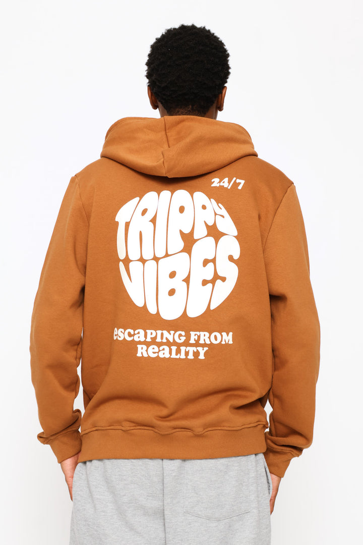 Printed Hoody Fleece Top - Brown