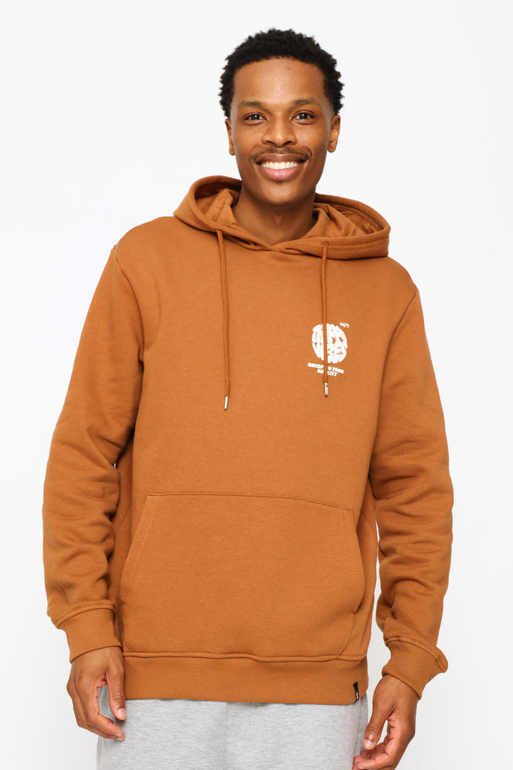 Printed Hoody Fleece Top - Brown