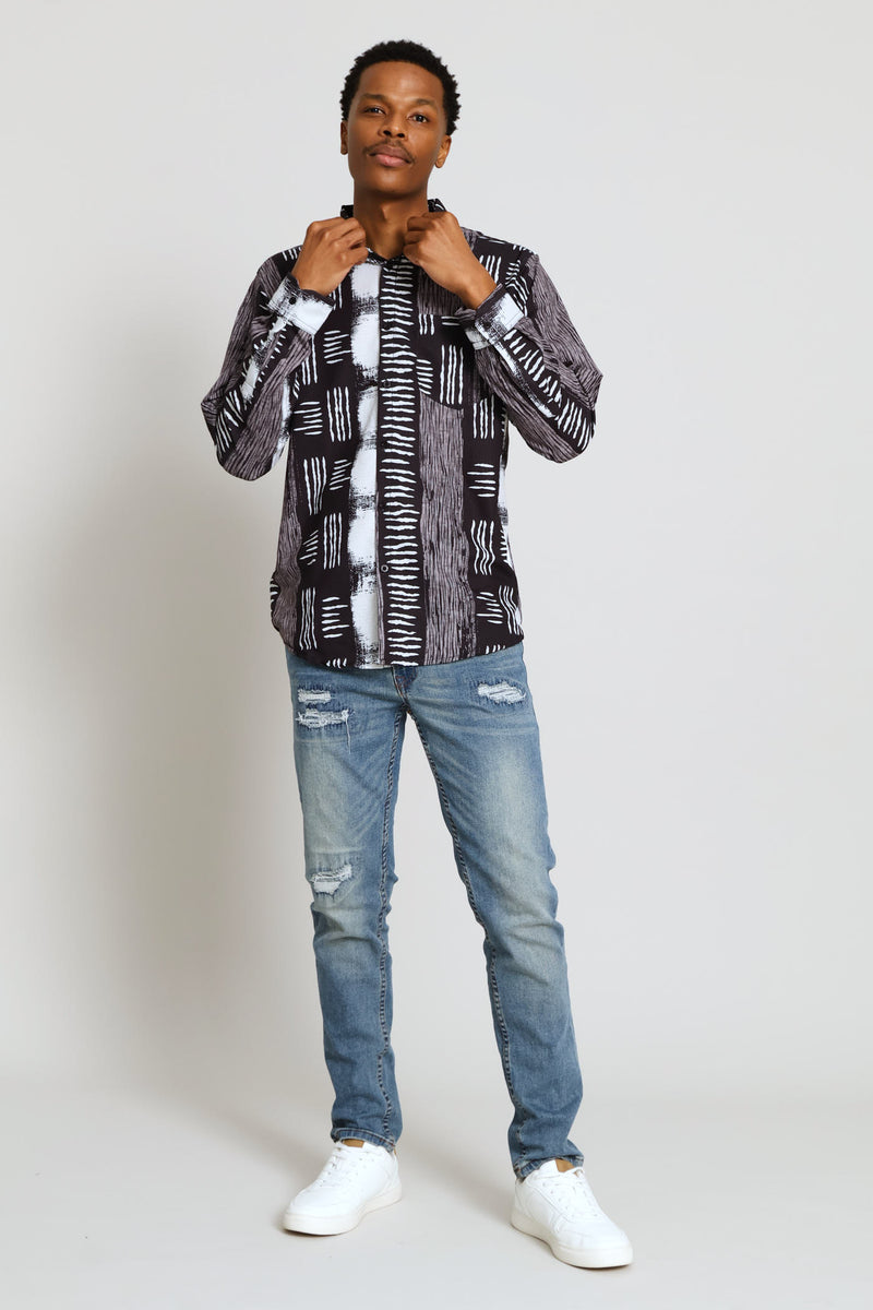 Long Sleeve Poly Printed Shirt - Black