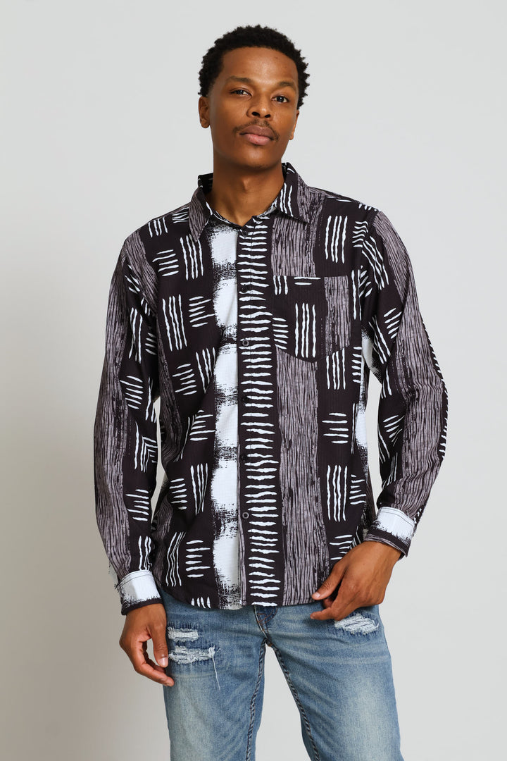 Long Sleeve Poly Printed Shirt - Black