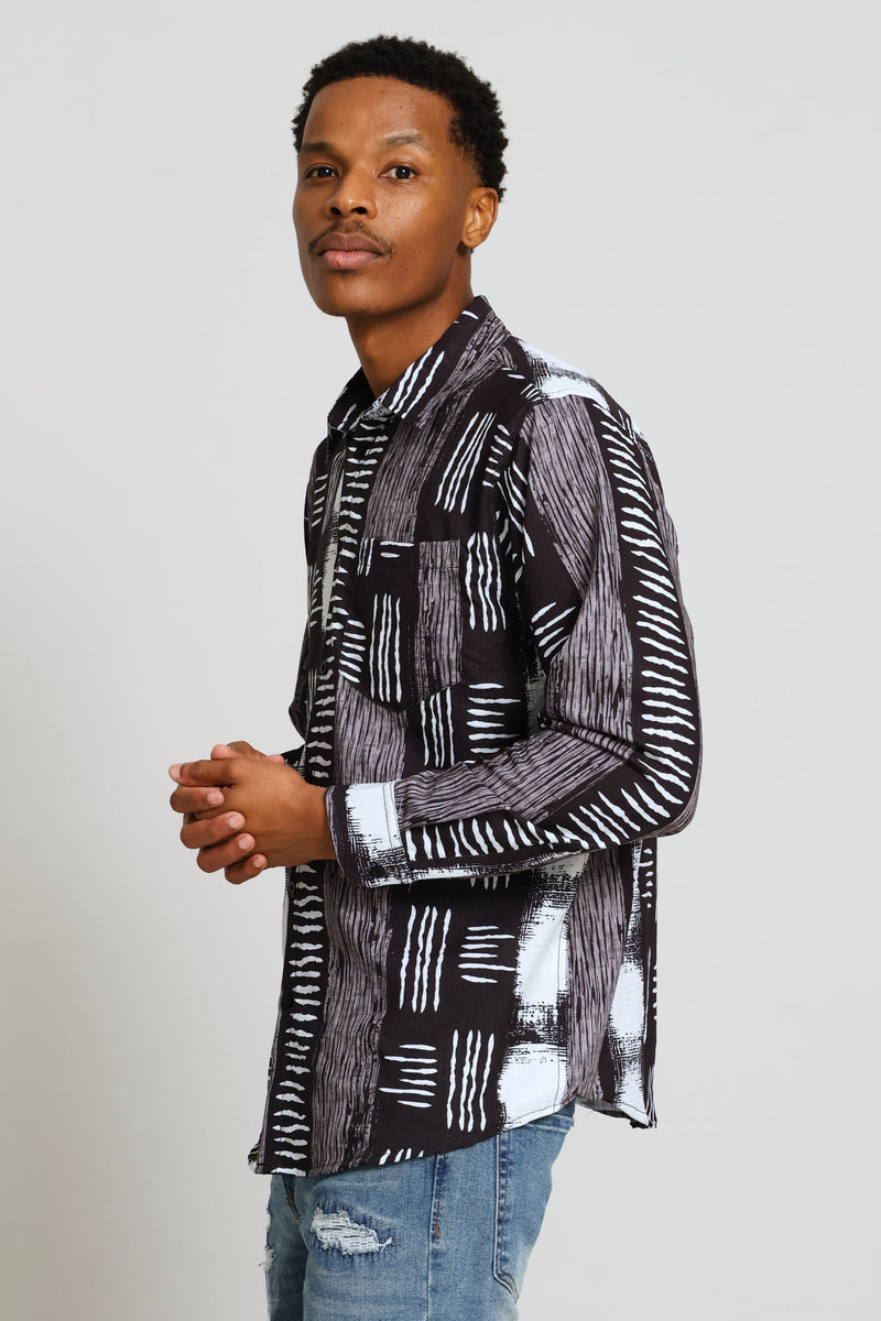 Long Sleeve Poly Printed Shirt - Black