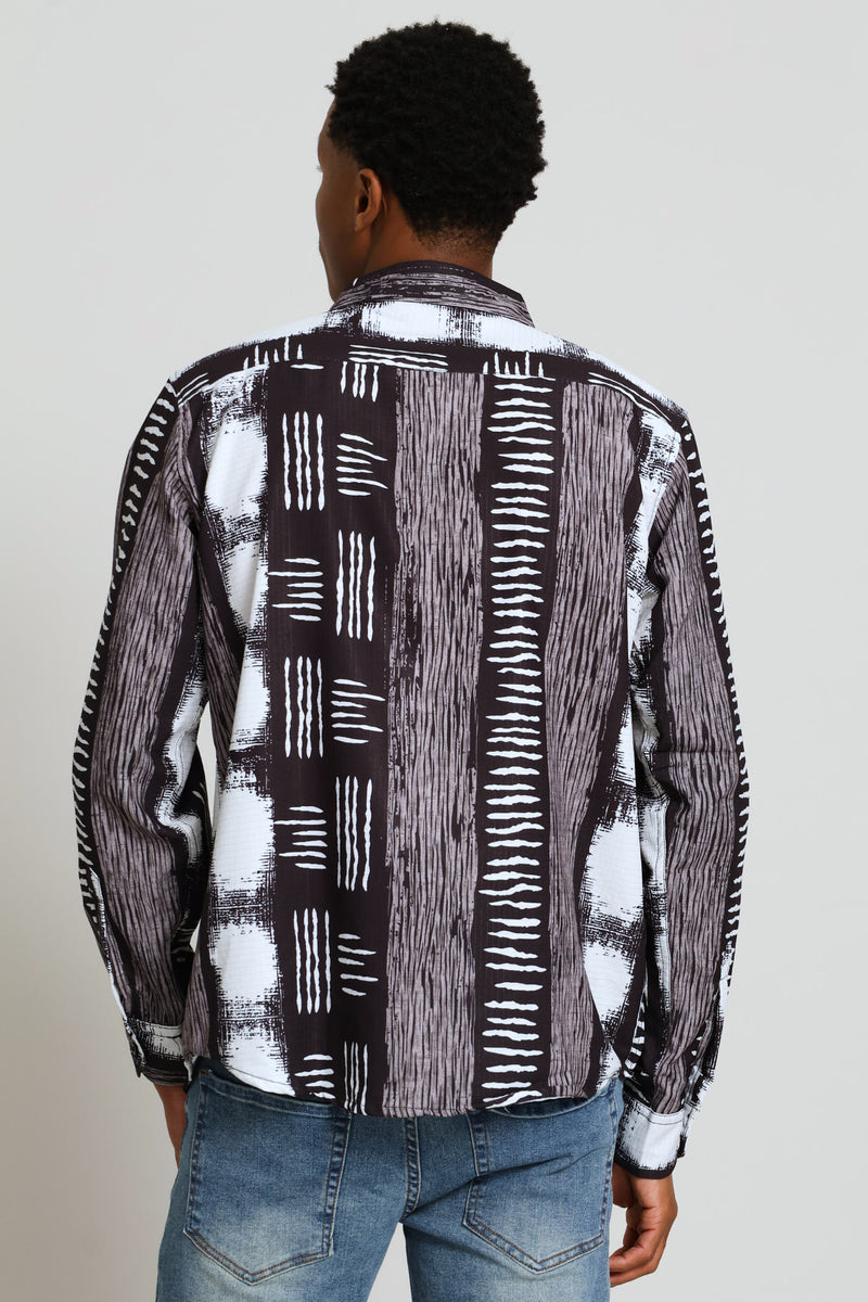 Long Sleeve Poly Printed Shirt - Black