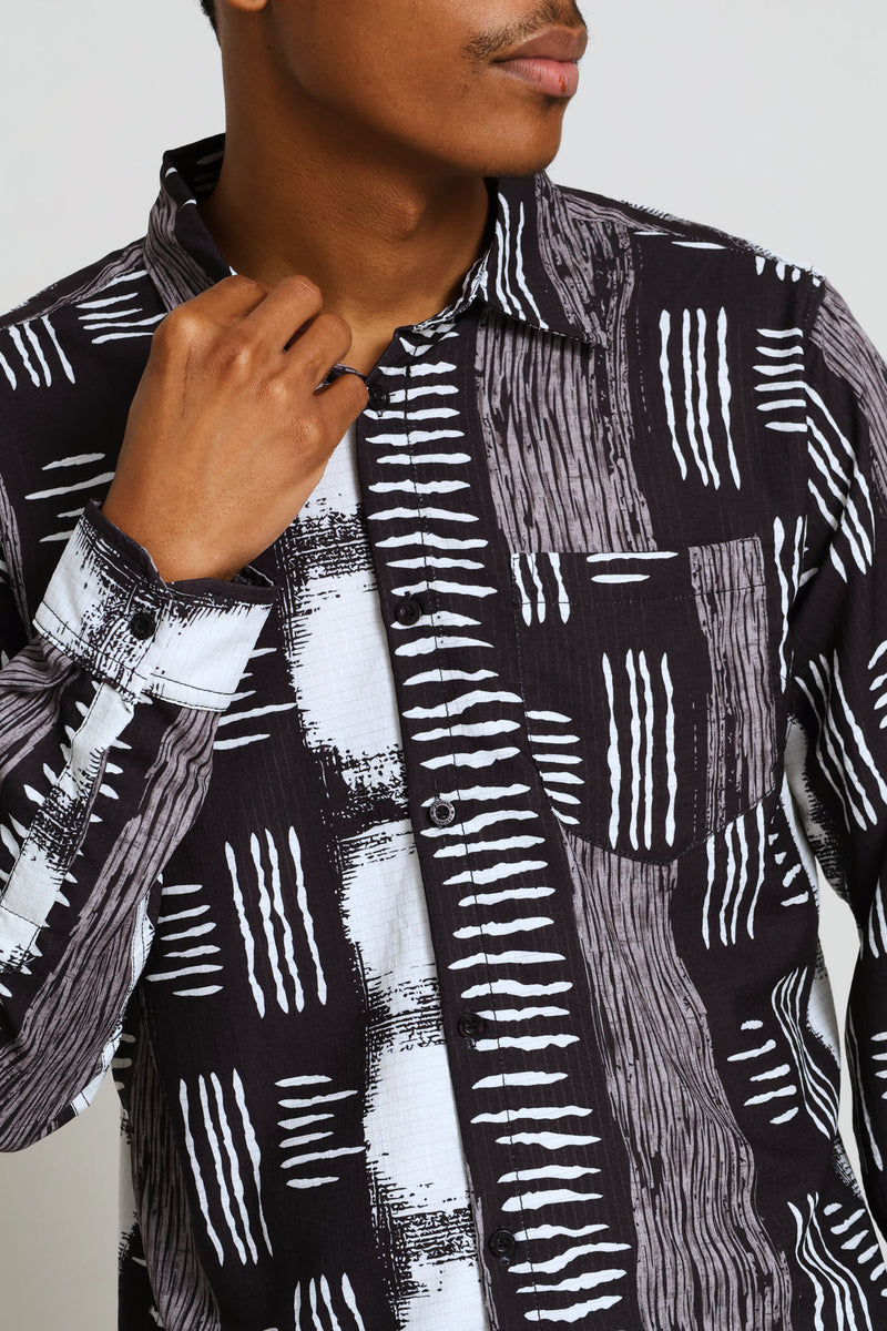 Long Sleeve Poly Printed Shirt - Black