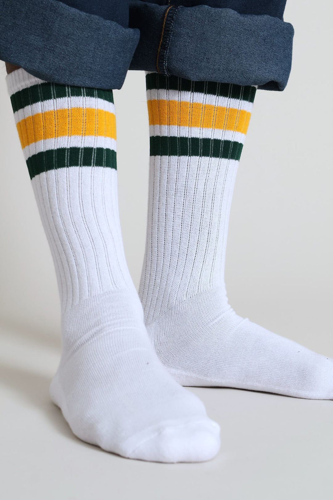 Green & Gold stripe Sport Socks - White