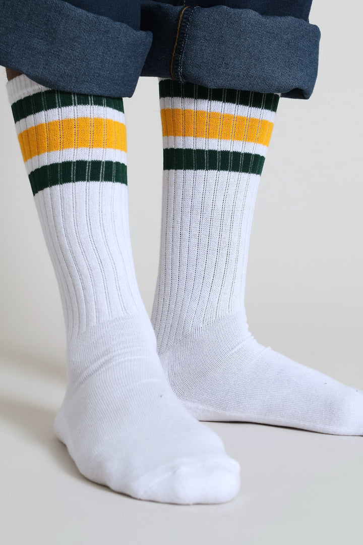 Green & Gold stripe Sport Socks - White