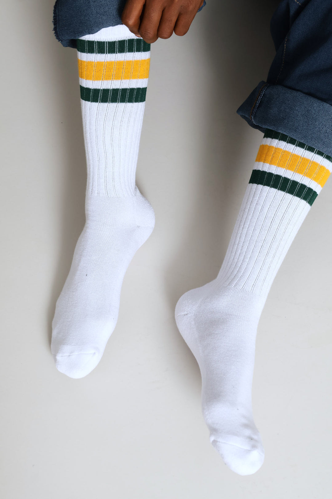 Green & Gold stripe Sport Socks - White