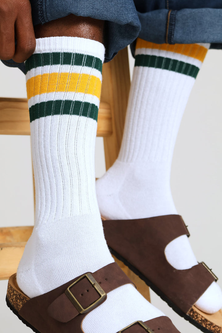 Green & Gold stripe Sport Socks - White