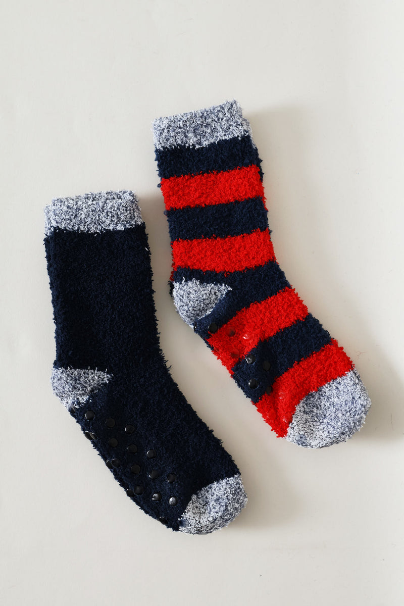 Boys 2 Pack Stripe Fluffy Socks - Navy/Red