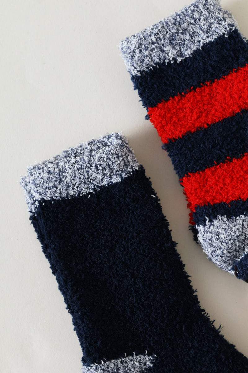 Boys 2 Pack Stripe Fluffy Socks - Navy/Red