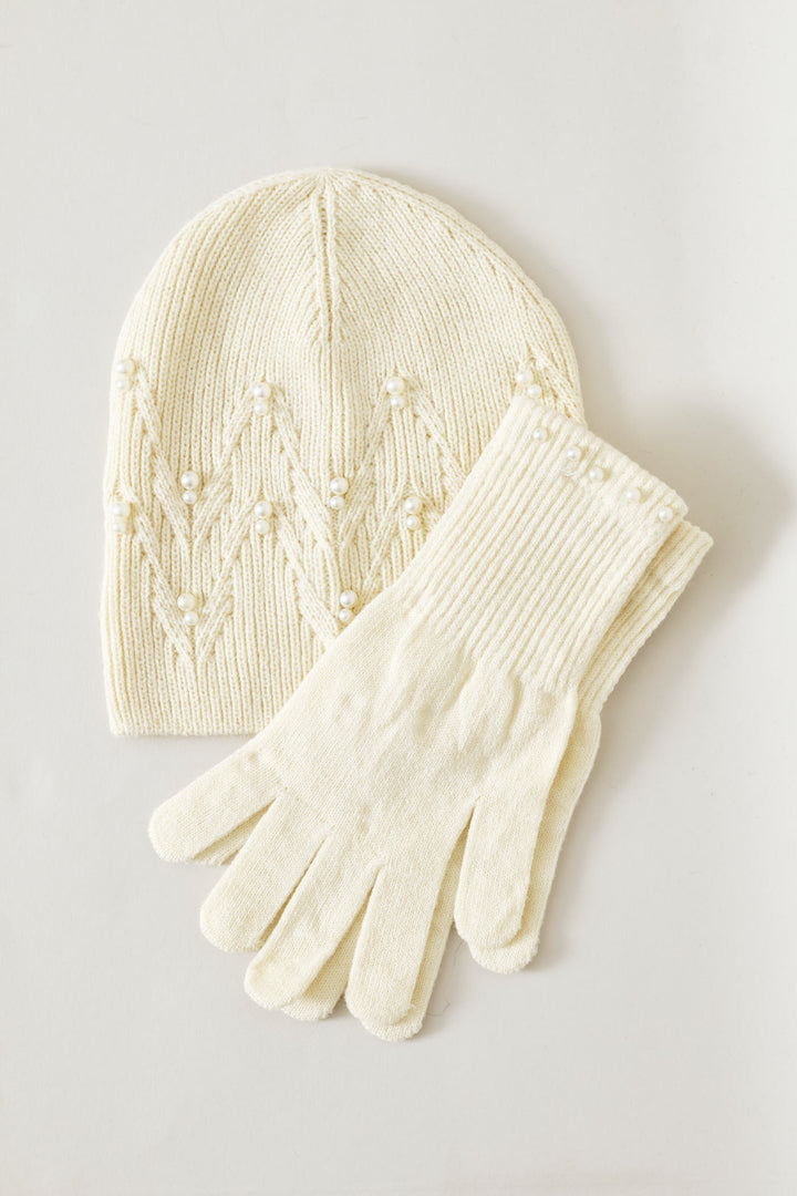 Pearl Bead Beanie & Glove Set - Cream