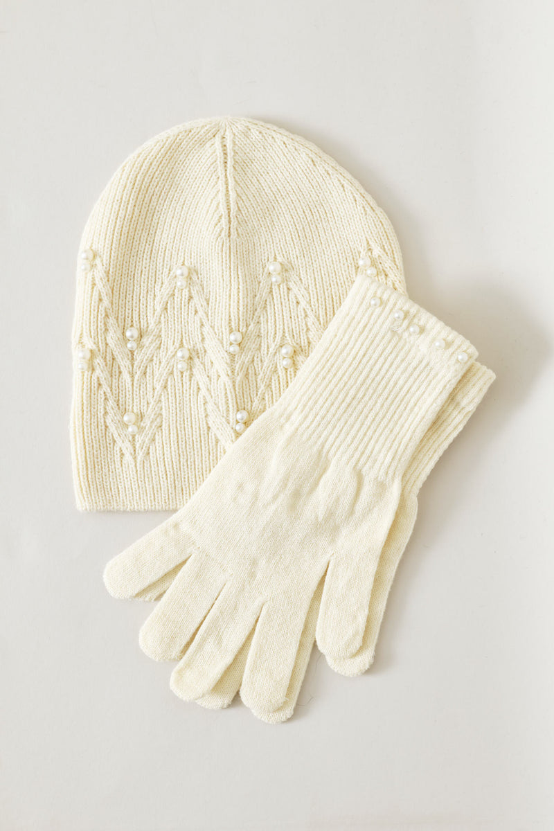 Pearl Bead Beanie & Glove Set - Cream