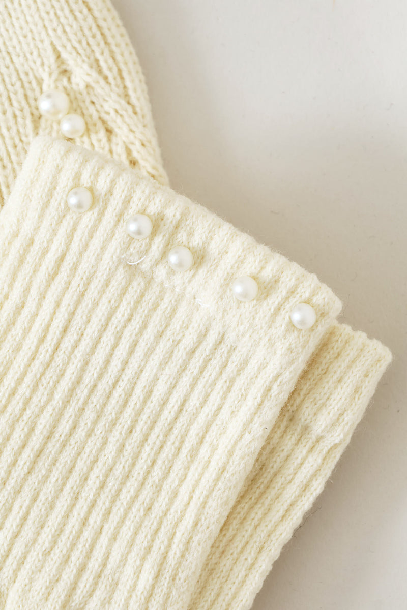 Pearl Bead Beanie & Glove Set - Cream