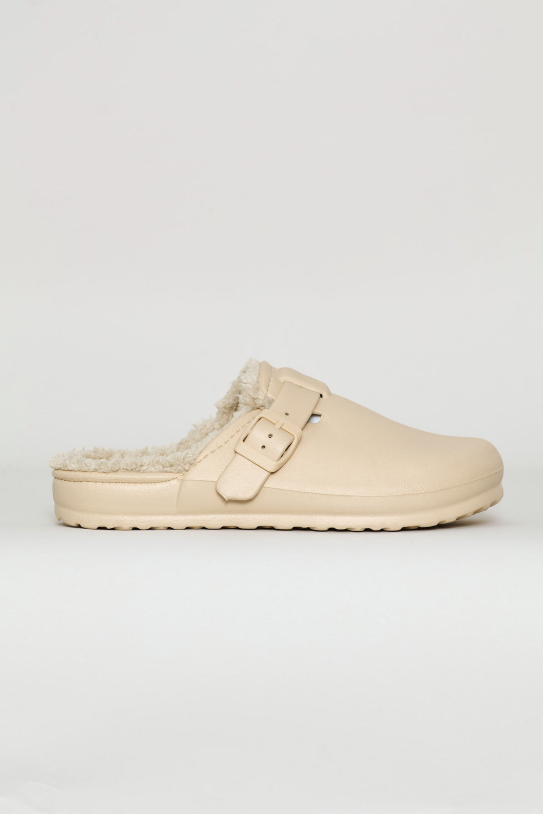 Desi Fur Lined Buckle Slip On Mule - Natural