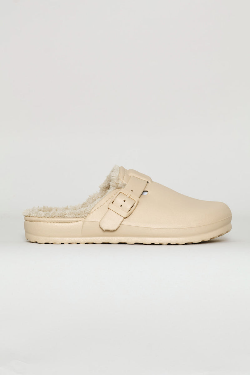 Desi Fur Lined Buckle Slip On Mule - Natural