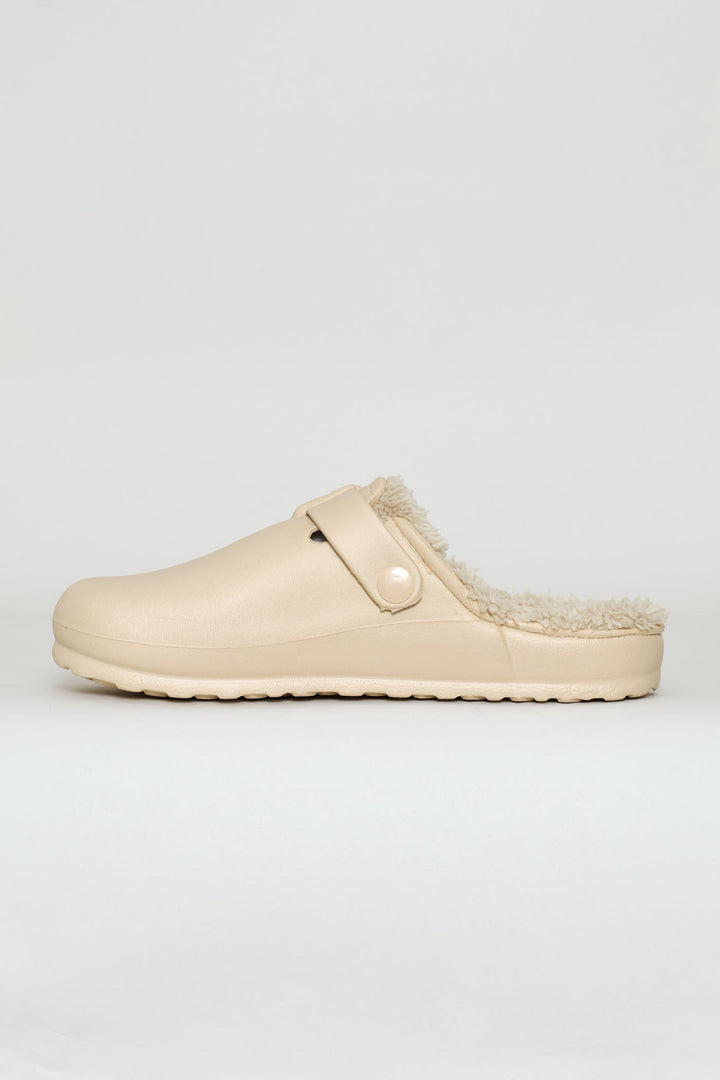Desi Fur Lined Buckle Slip On Mule - Natural