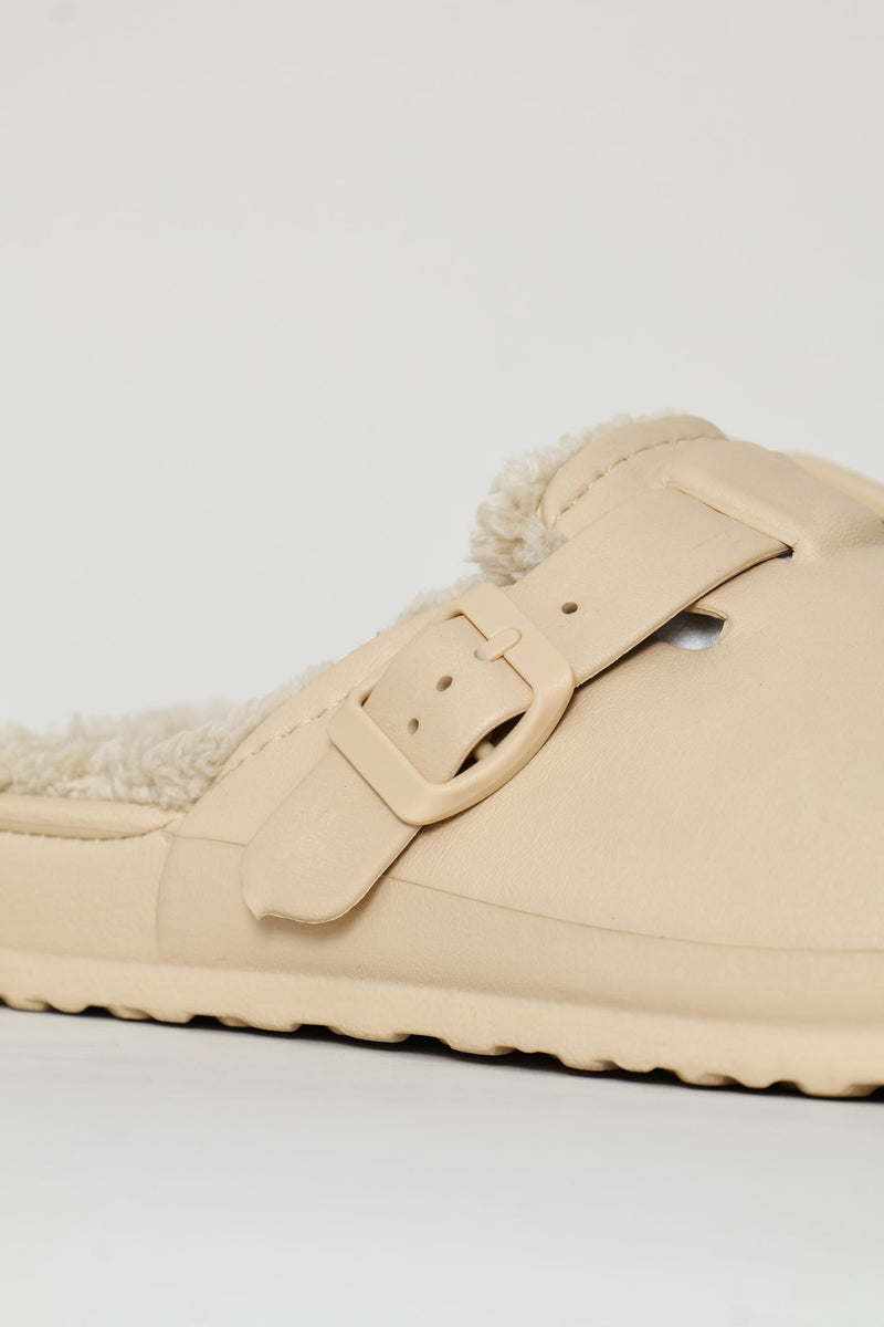 Desi Fur Lined Buckle Slip On Mule - Natural