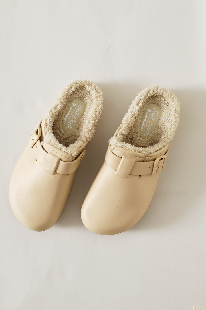 Desi Fur Lined Buckle Slip On Mule - Natural