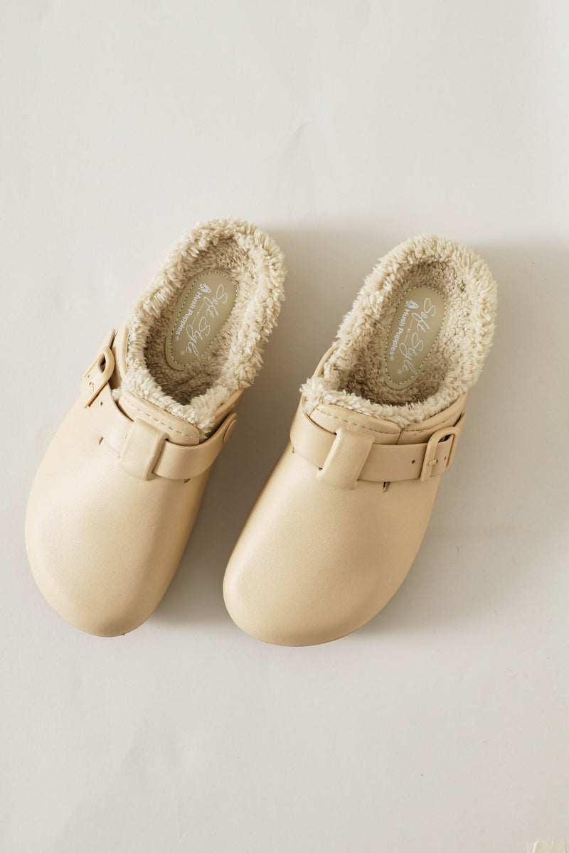 Desi Fur Lined Buckle Slip On Mule - Natural