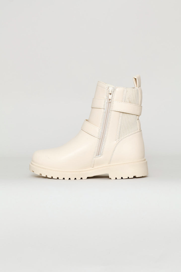Girls Ribbed Military Boot - Cream
