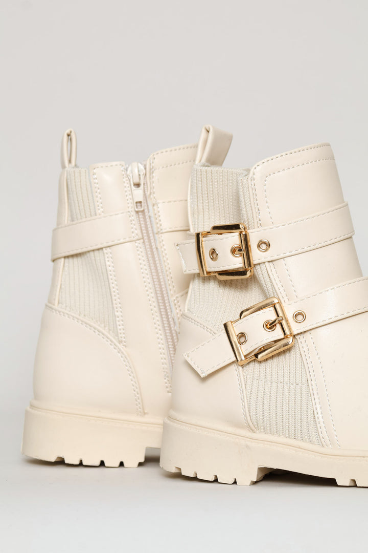 Girls Ribbed Military Boot - Cream