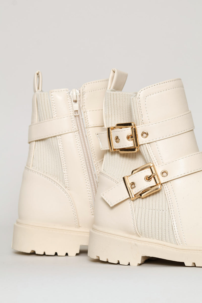 Girls Ribbed Military Boot - Cream