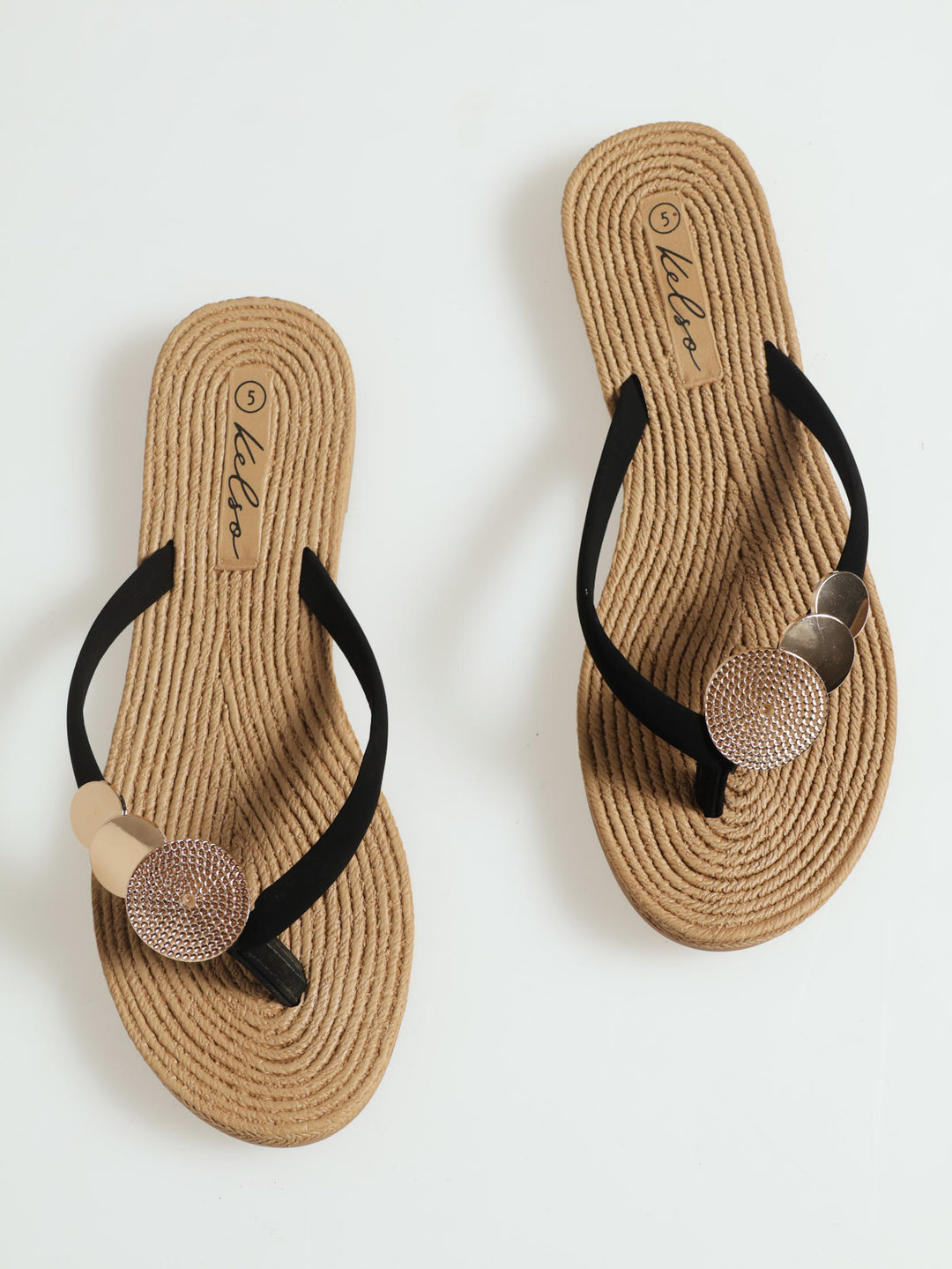 Metal Circle Trim Thong Sandal - Black