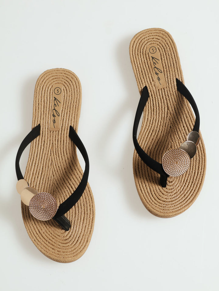 Metal Circle Trim Thong Sandal - Black
