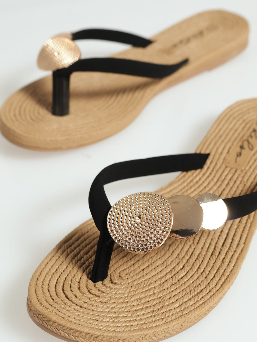 Metal Circle Trim Thong Sandal - Black