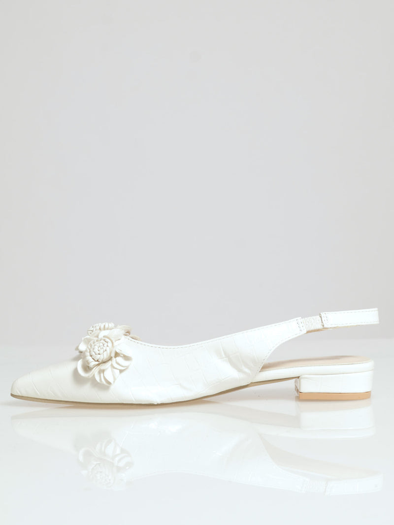 Pointy Croc Sling Back Sandal With Flowers - Off White