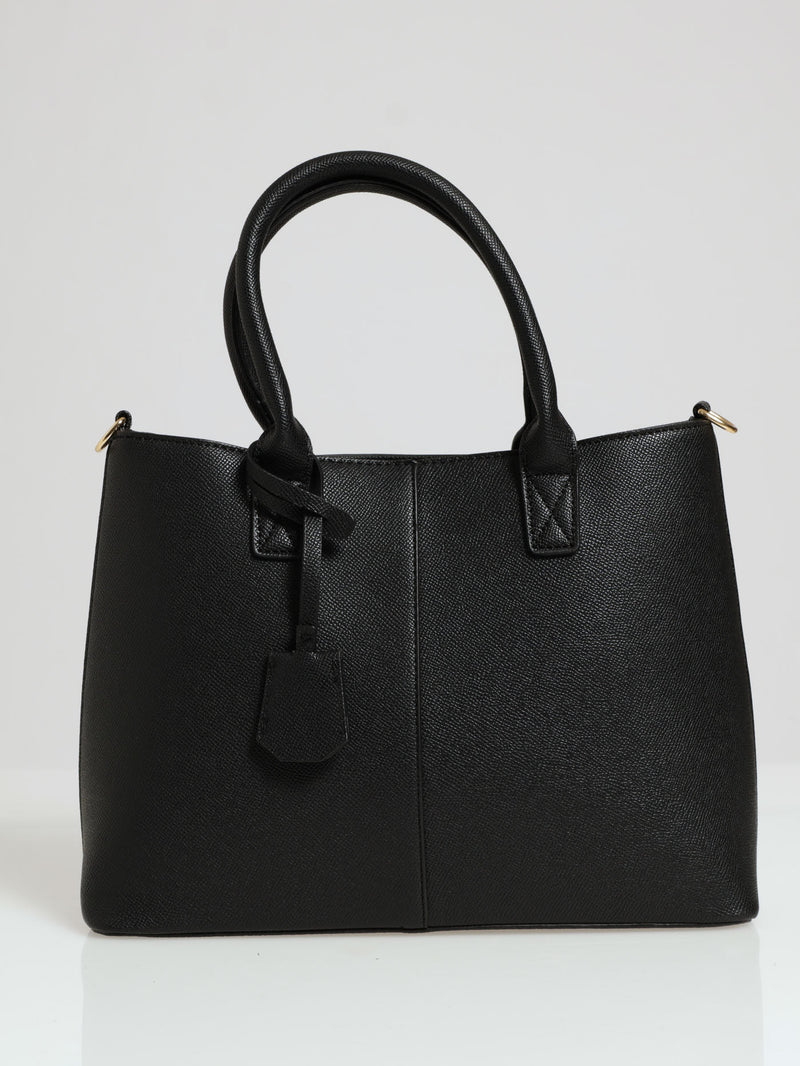 Top Handle Tote Bag With Tab - Black