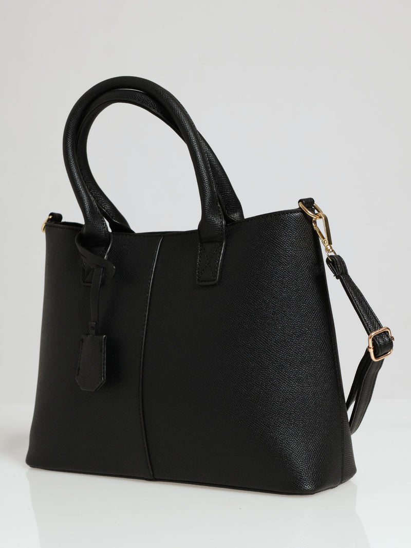 Top Handle Tote Bag With Tab - Black
