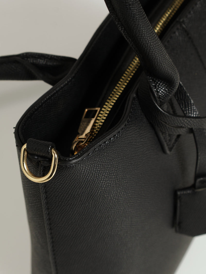 Top Handle Tote Bag With Tab - Black