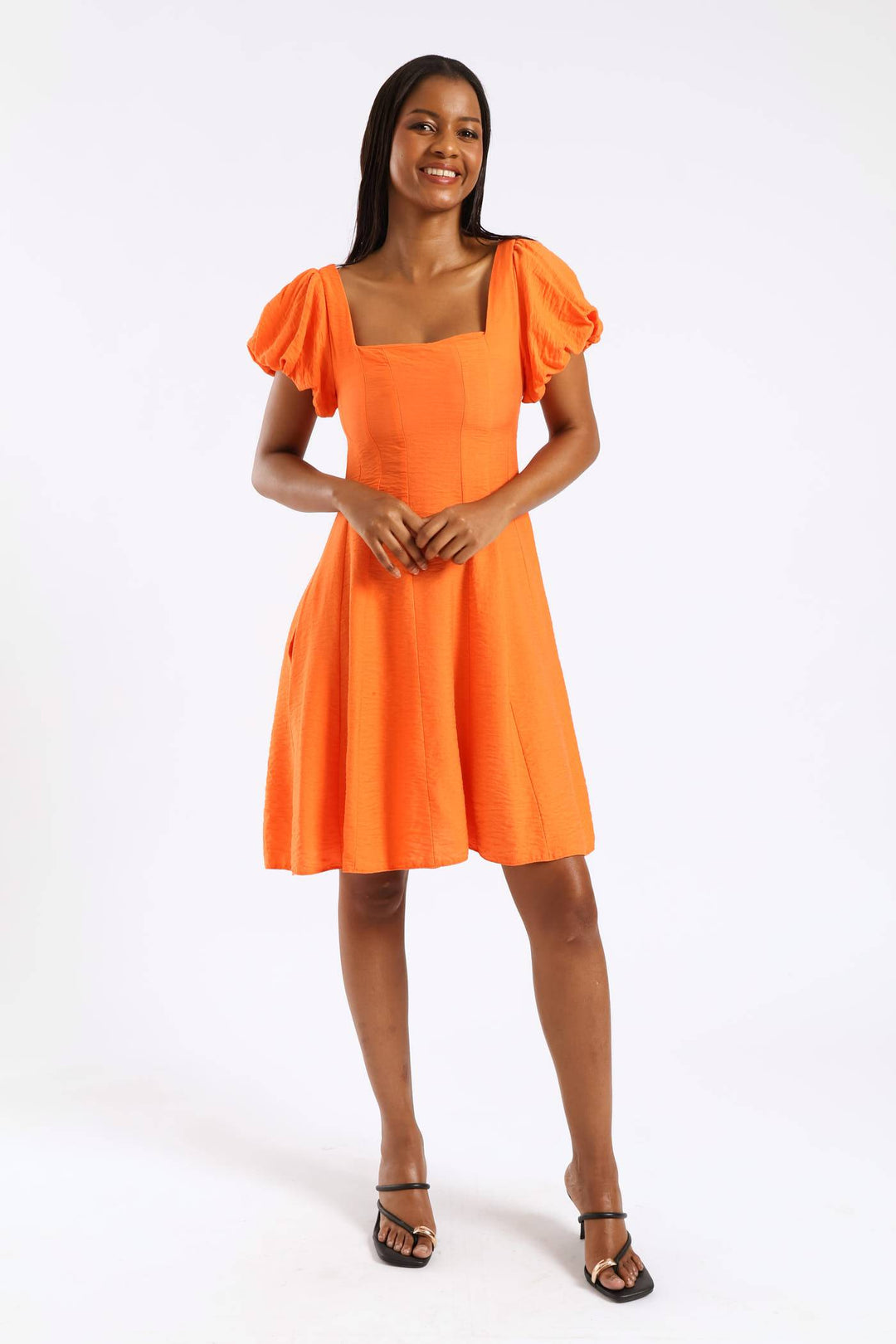Ladies Bubble Short Sleeve Square Neck Pannelled Mini Dress