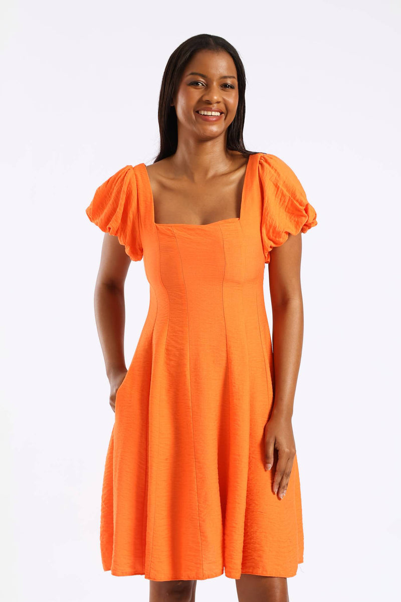 Bubble Short Sleeve Square Neck Panelled Mini Dress - Orange