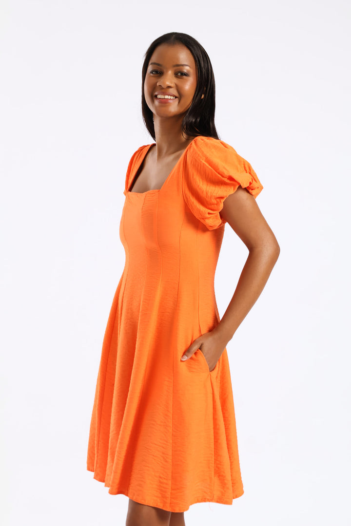 Bubble Short Sleeve Square Neck Panelled Mini Dress - Orange
