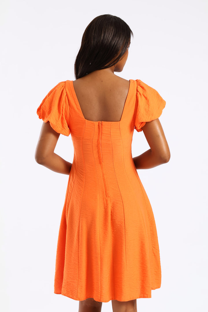 Bubble Short Sleeve Square Neck Panelled Mini Dress - Orange