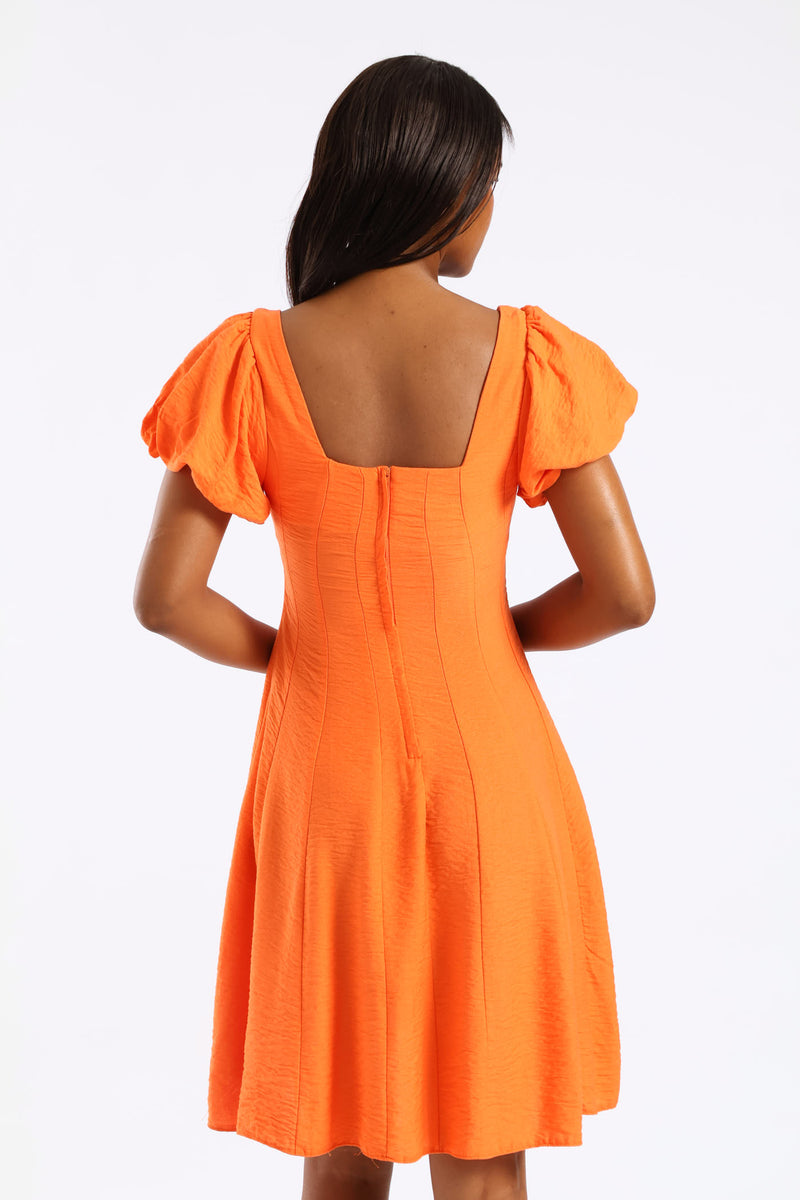 Bubble Short Sleeve Square Neck Panelled Mini Dress - Orange