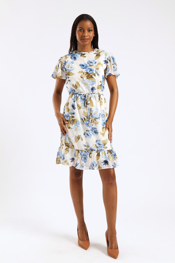 Tie Up Flutter Sleeve Tea Dress - Cream/Blue