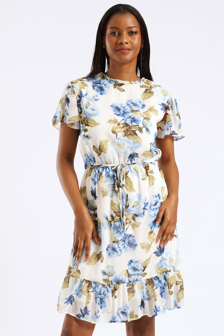Tie Up Flutter Sleeve Tea Dress - Cream/Blue