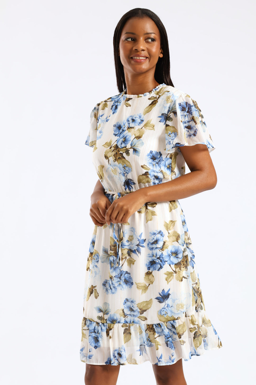 Tie Up Flutter Sleeve Tea Dress - Cream/Blue