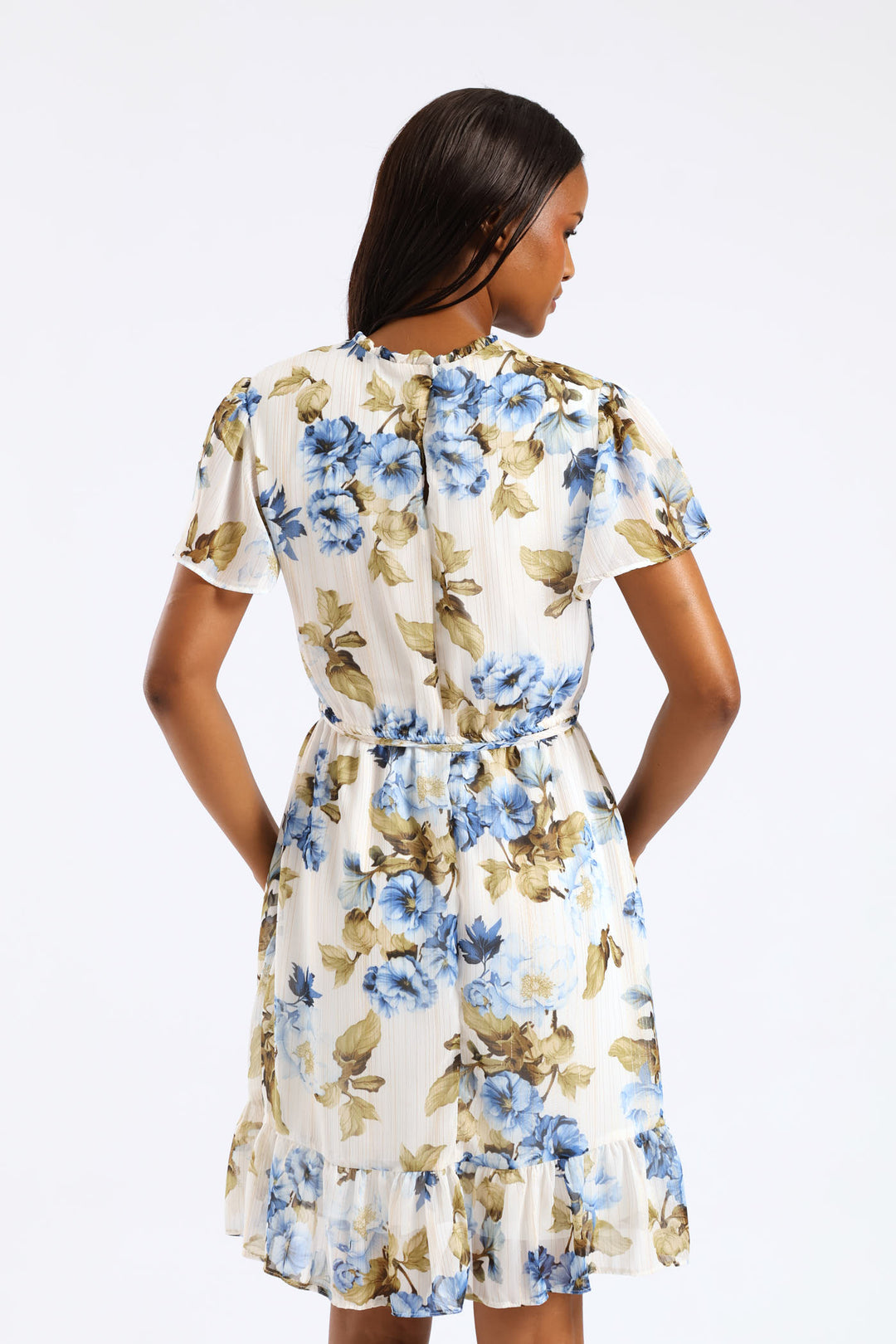 Tie Up Flutter Sleeve Tea Dress - Cream/Blue