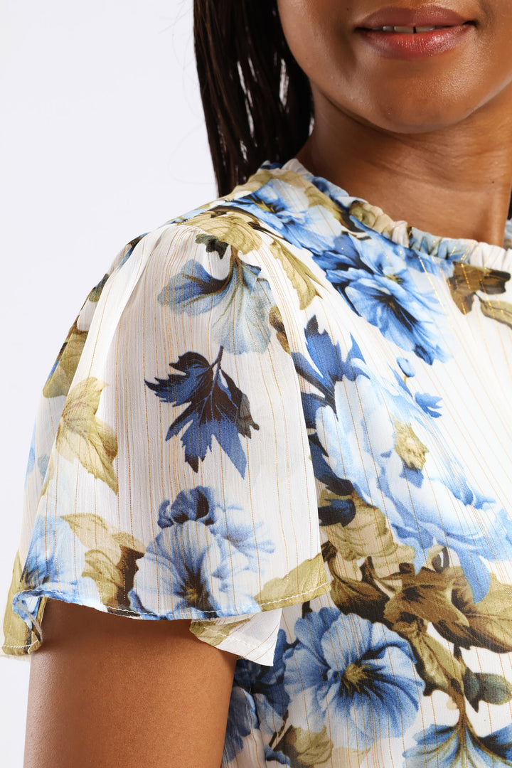 Tie Up Flutter Sleeve Tea Dress - Cream/Blue